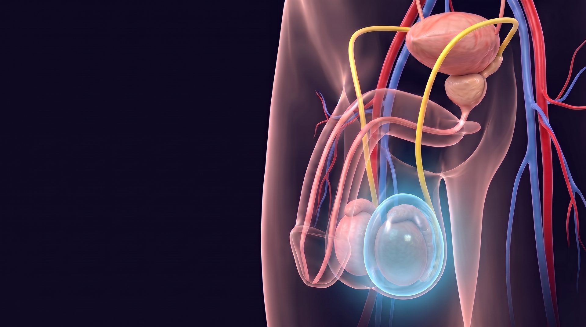 Ilustração médica da hidrocele: acúmulo de líquido em volta do testículo — Dr. Fernando Leone, urologista em BH